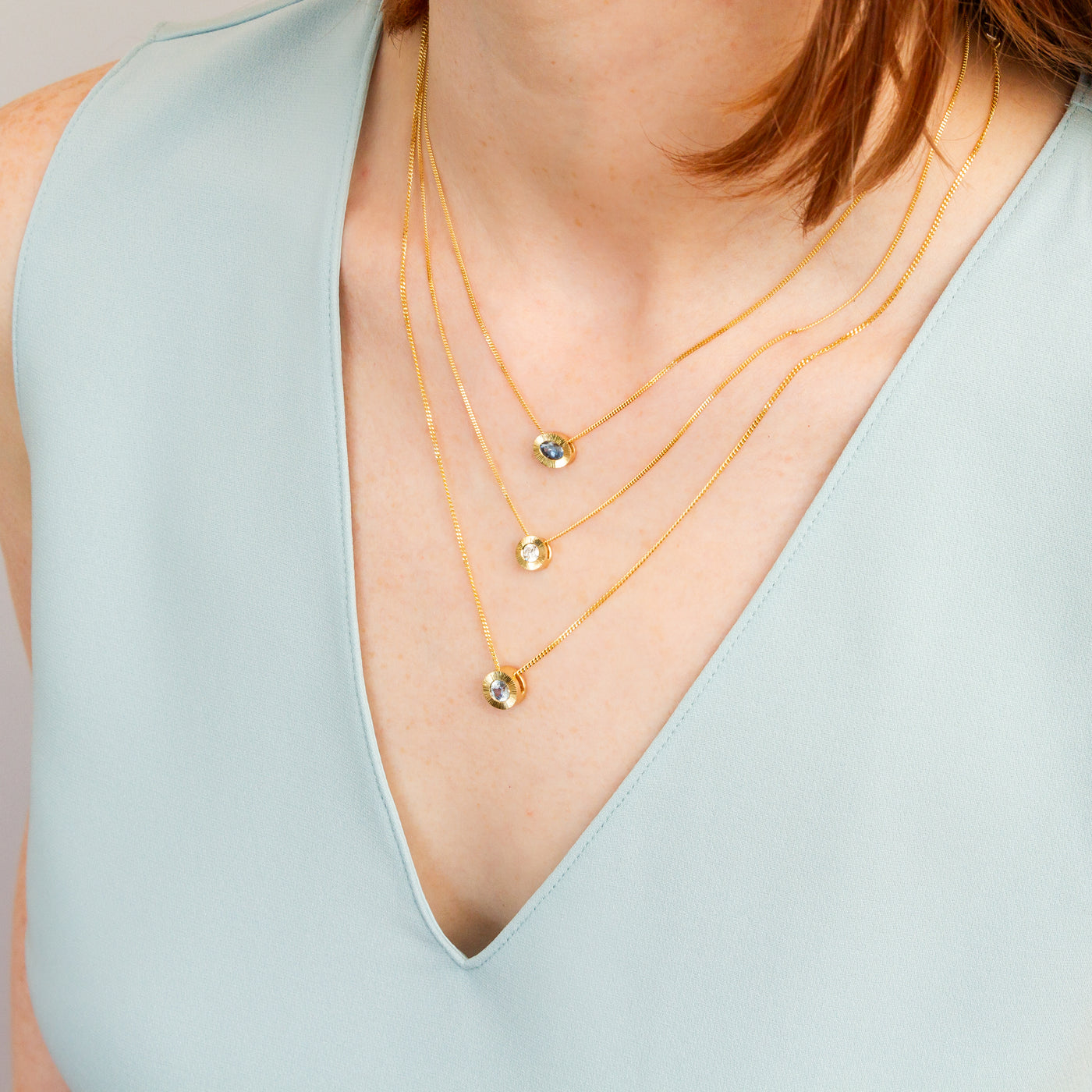 Old European Cut Diamond Medium Aurora Necklace In Yellow Gold on a model, styled shot 3