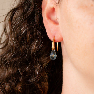 Moss Aquamarine Herringbone Gemstone Drop Earrings in Vermeil on a model