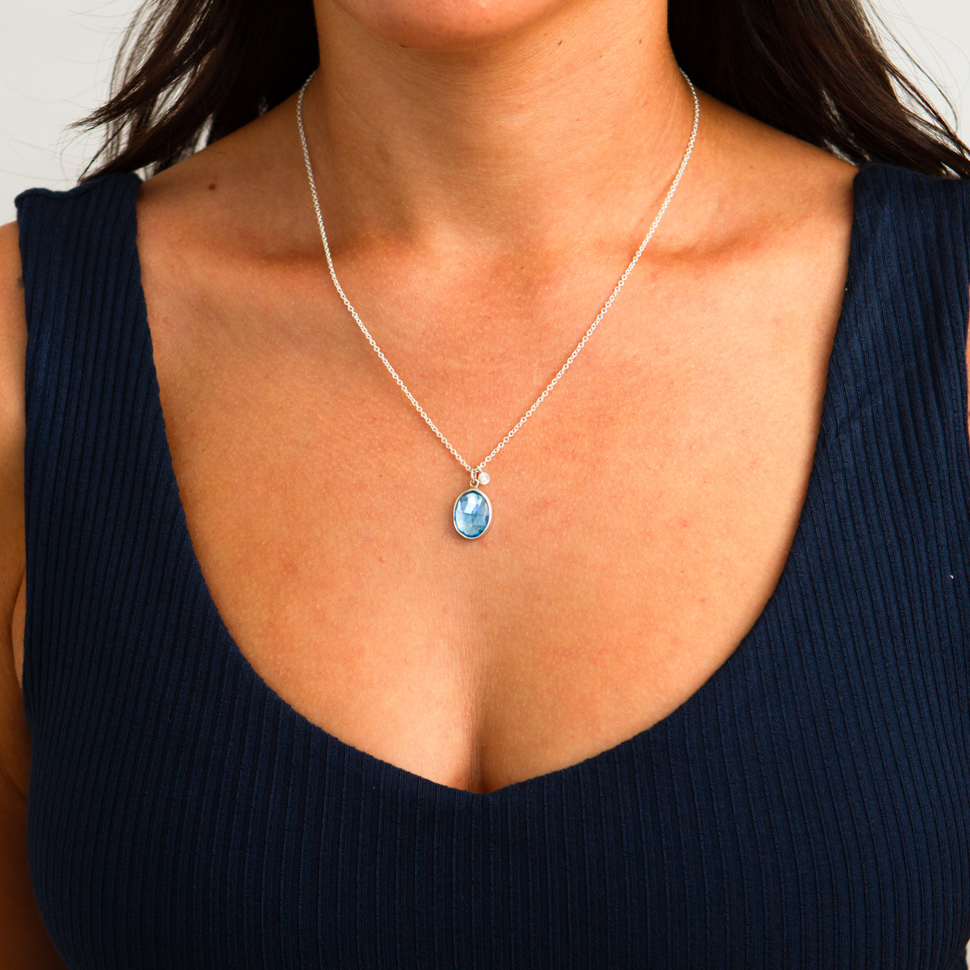 Rose Cut Swiss Blue Topaz Silver Theia Necklace #2 on a model