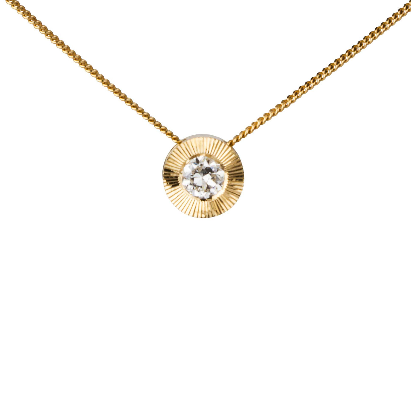 Old European Cut Diamond Medium Aurora Necklace In Yellow Gold on a white background, front angle