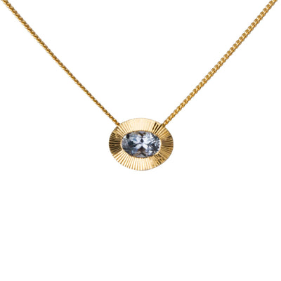 East-West Oval Aurora Necklace with Silver Montana Sapphire in Yellow Gold on a white background