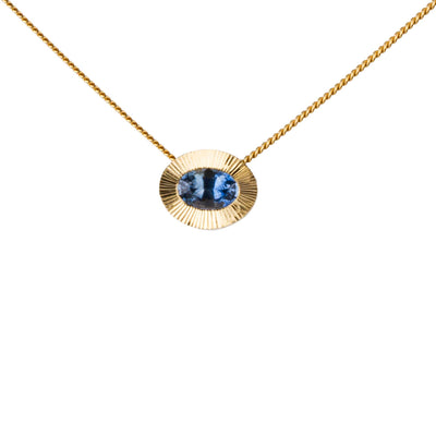 East-West Oval Aurora Necklace with Blue Montana Sapphire in Yellow Gold on a white background