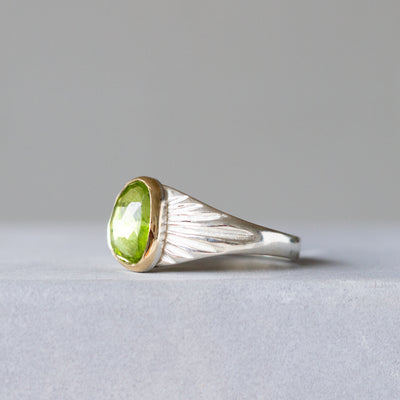 Rose Cut Peridot Silver and Gold Calista Ring #1 side angle