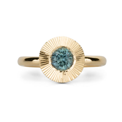 Green Montana Sapphire Aurora Solitaire on a white background, front angle