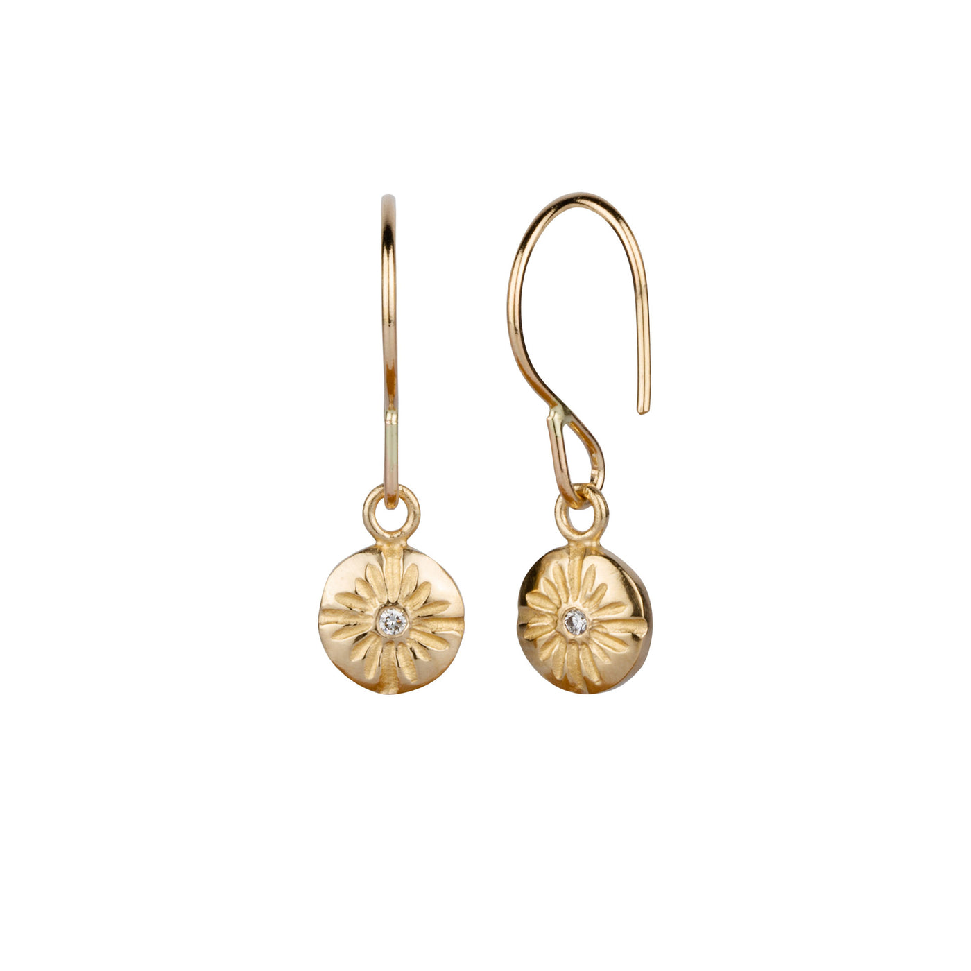 Gold and Diamond Small carved sunburst Lucia Dangle Earrings side view #2 on a white background