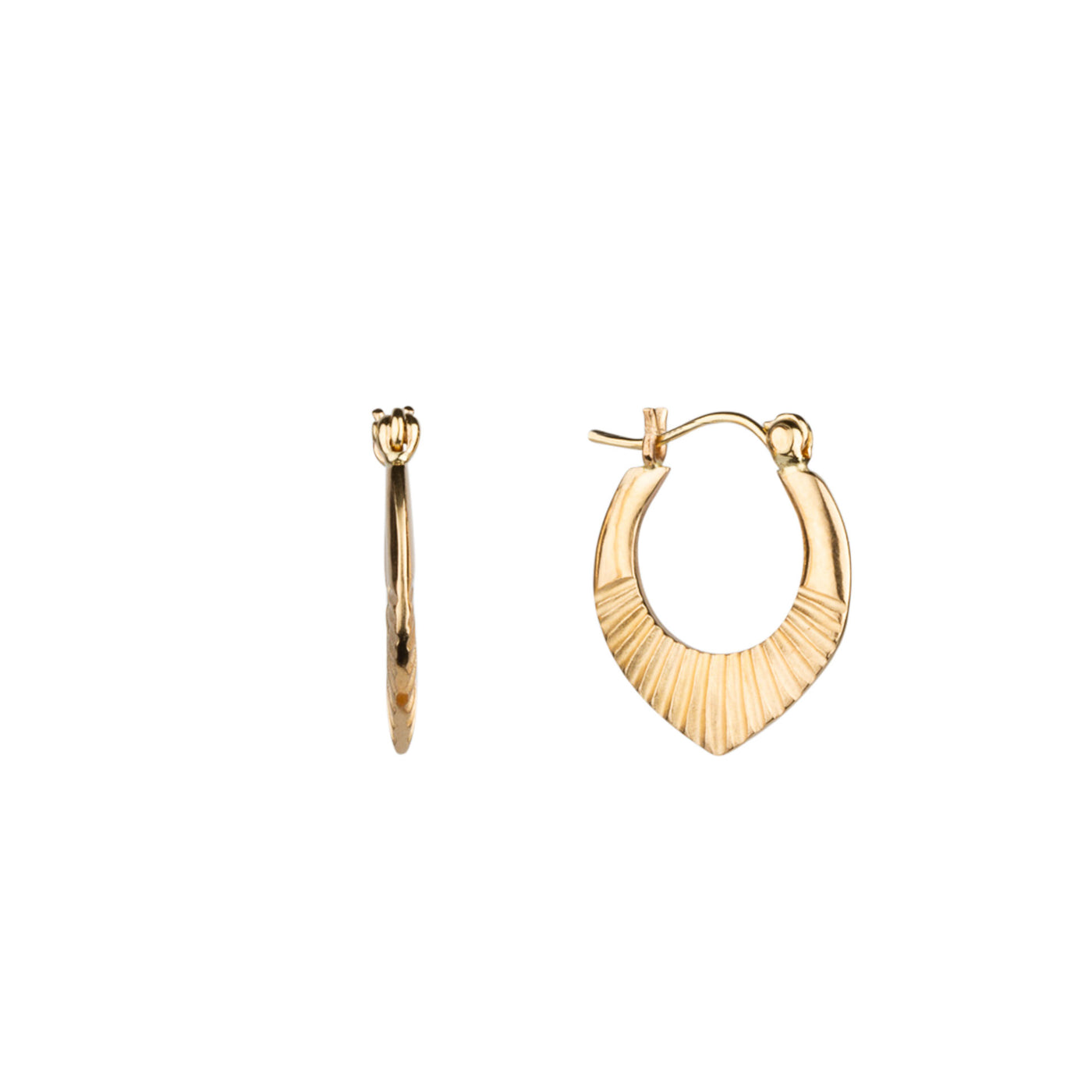 Side view of 14k yellow gold hinged hoop earrings with carved sunburst motif on a white background