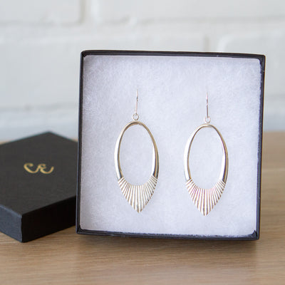 Silver large open petal shape earrings with textured bottoms in a gift box