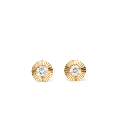 14k yellow gold small engraved Aurora stud earrings with white diamond centers on a white background