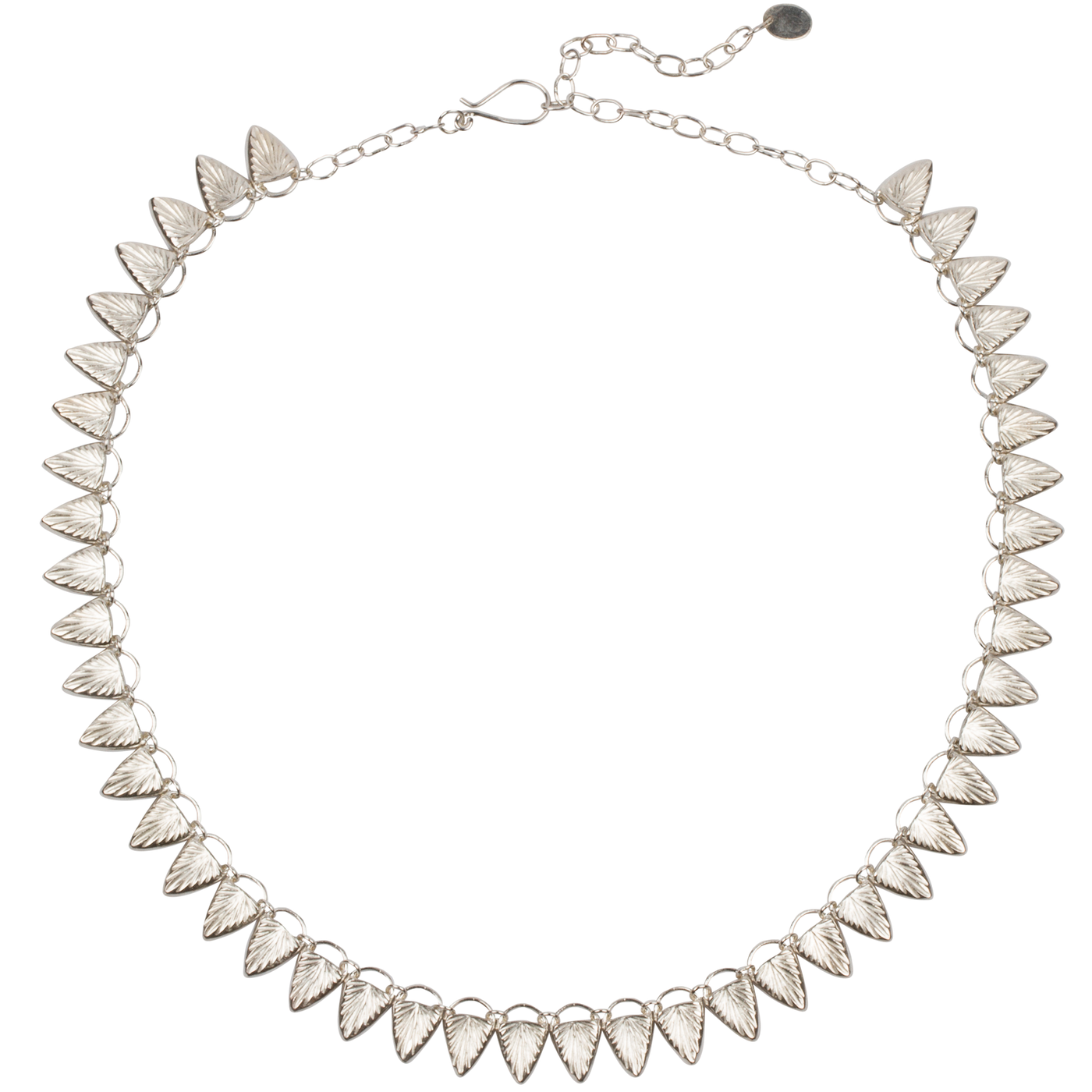 Sterling silver statement necklace made of triangular carved links with a sunburst design on a white background | Corey Egan