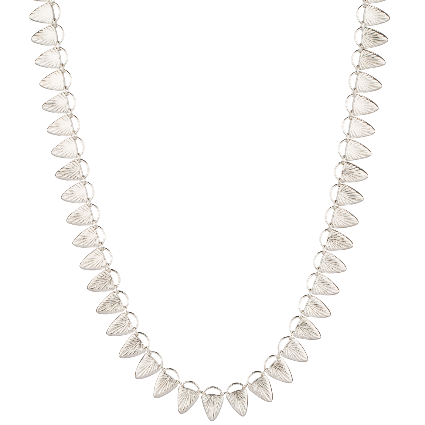 Sterling silver statement necklace made of triangular carved links with a sunburst design on a white background alternate view | Corey Egan