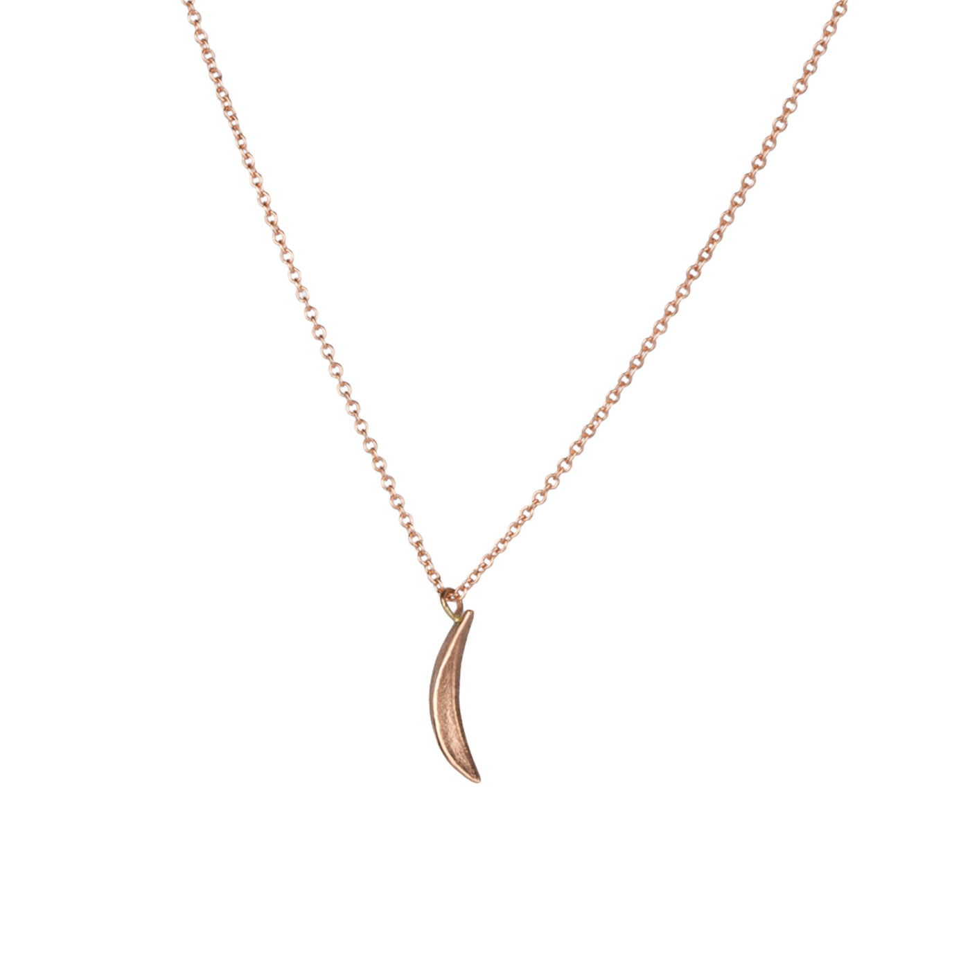 Rose Gold Small Wisp Moon Necklace by Corey Egan side view on a white background