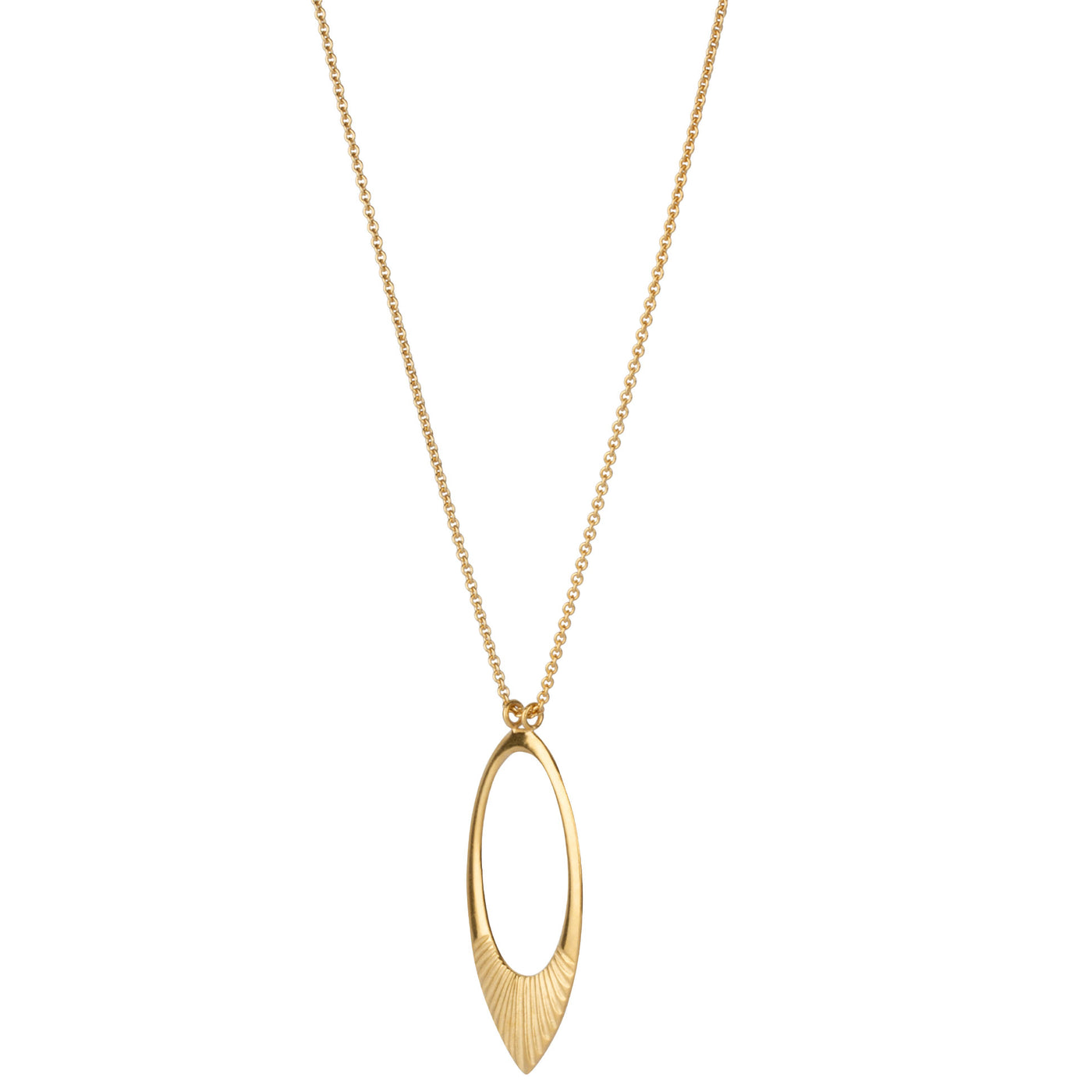 Side view of Ectra long neckalce with large open petal shape pendant with carved ray texture across the bottom on a white background