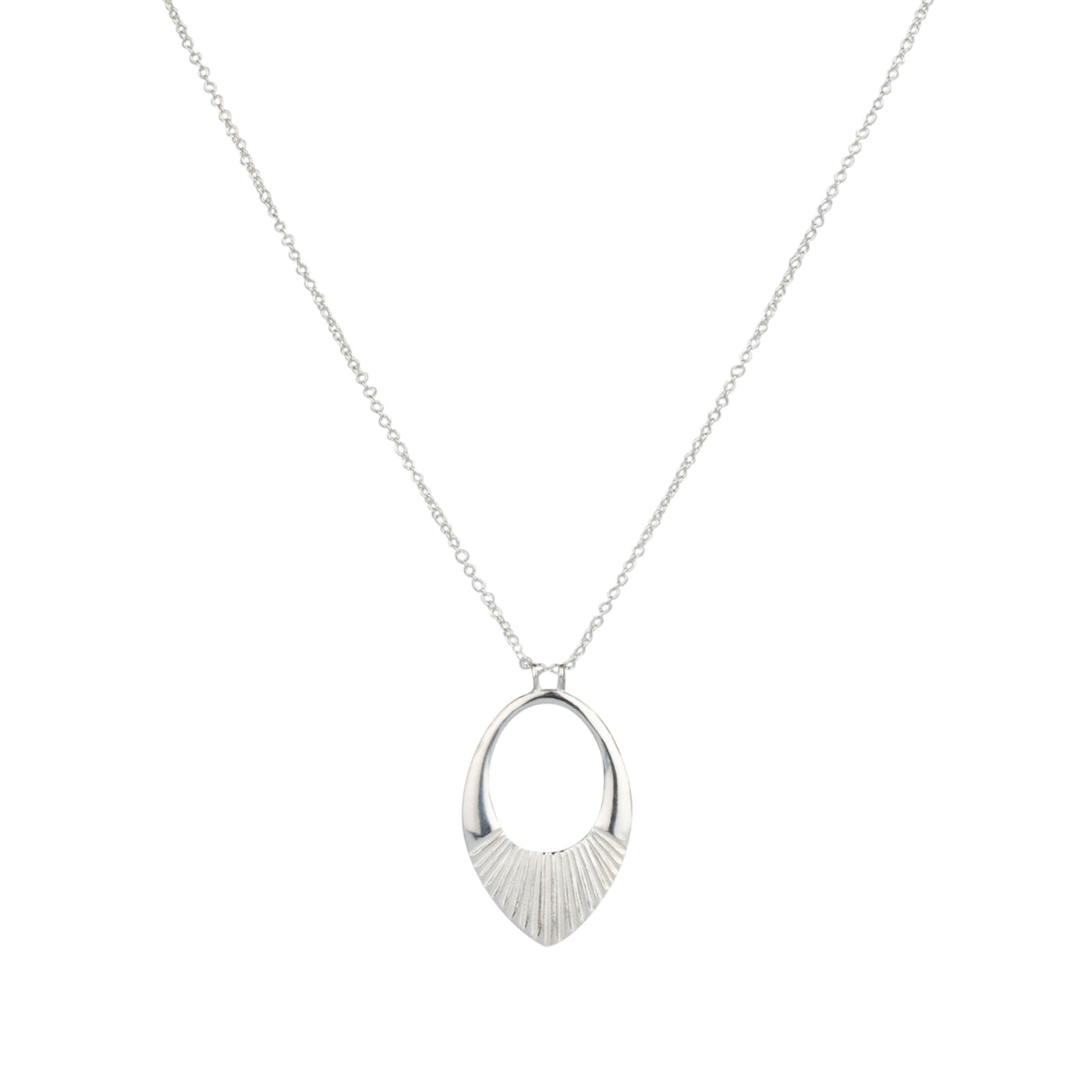Silver medium open petal shape pendant with a textured bottom on a 22" silver chain on a white background