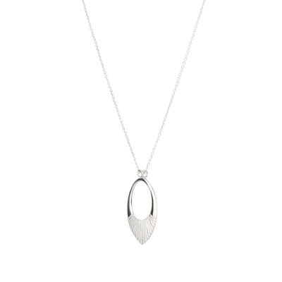 Side view silver medium open petal shape pendant with a textured bottom on a 22" silver chain on a white background