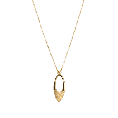 Side view of gold vermeil medium open petal shape pendant with a textured bottom on a 22" vermeil chain on a white background