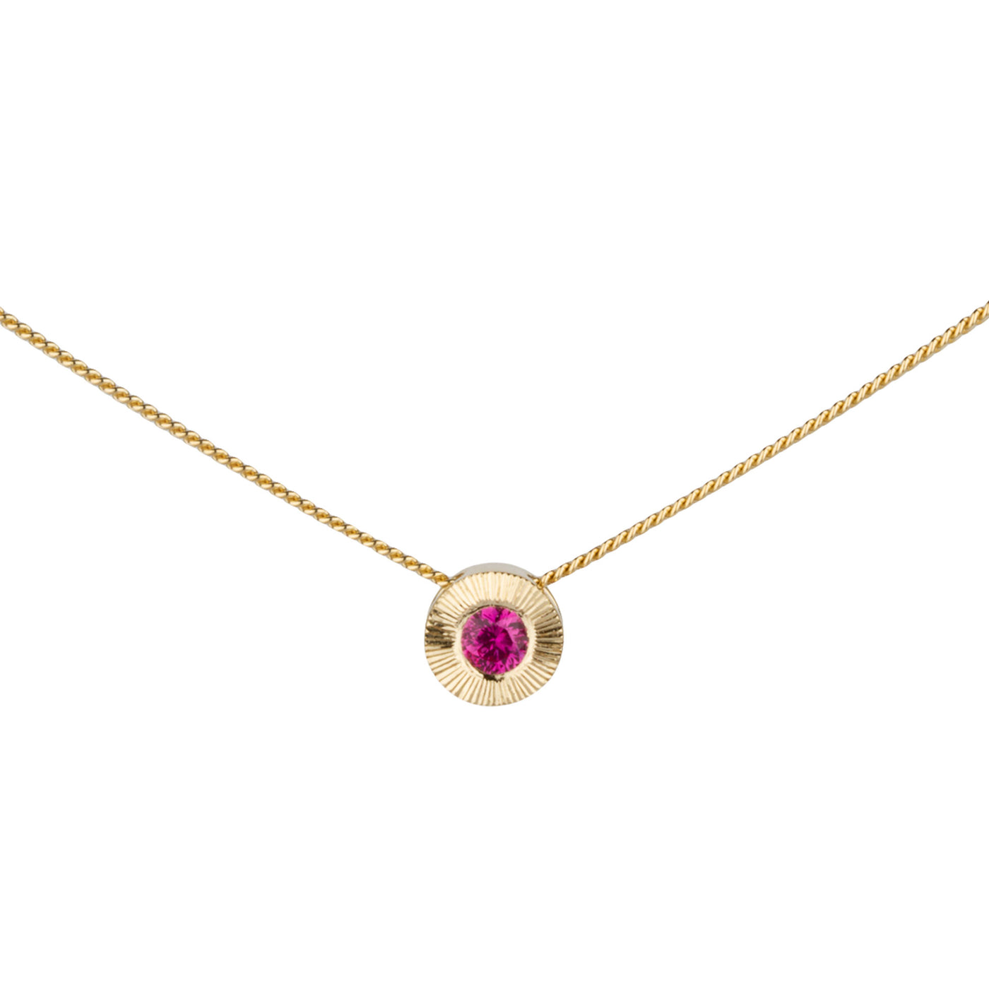 July birthstone Aurora slide necklace with ruby in yellow gold
