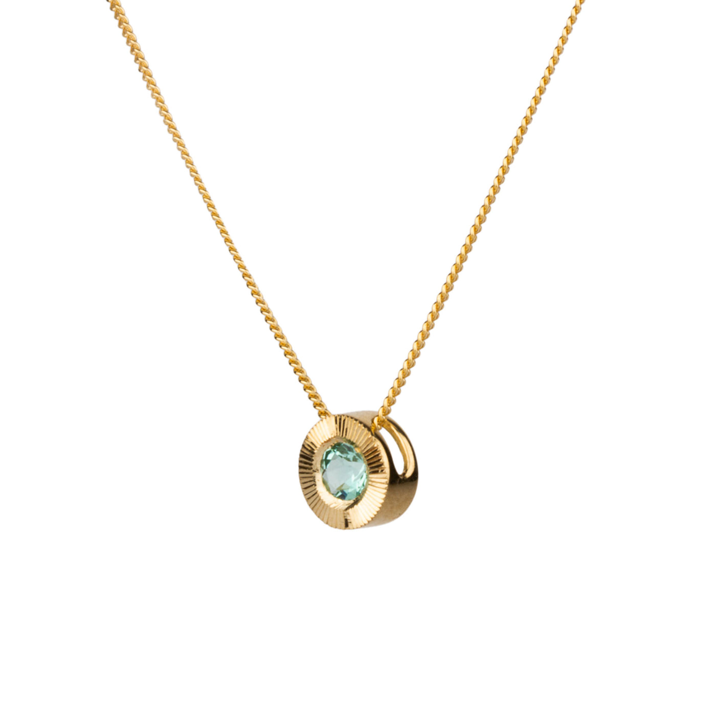 Side view 14k yellow gold medium Aurora necklace with a round seafoam green tourmaline center and engraved rays halo border on a white background