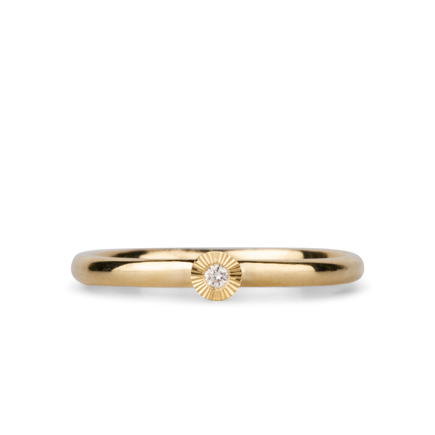 14k yellow gold small aurora stacking ring with a 1.5mm center diamond and engraved border