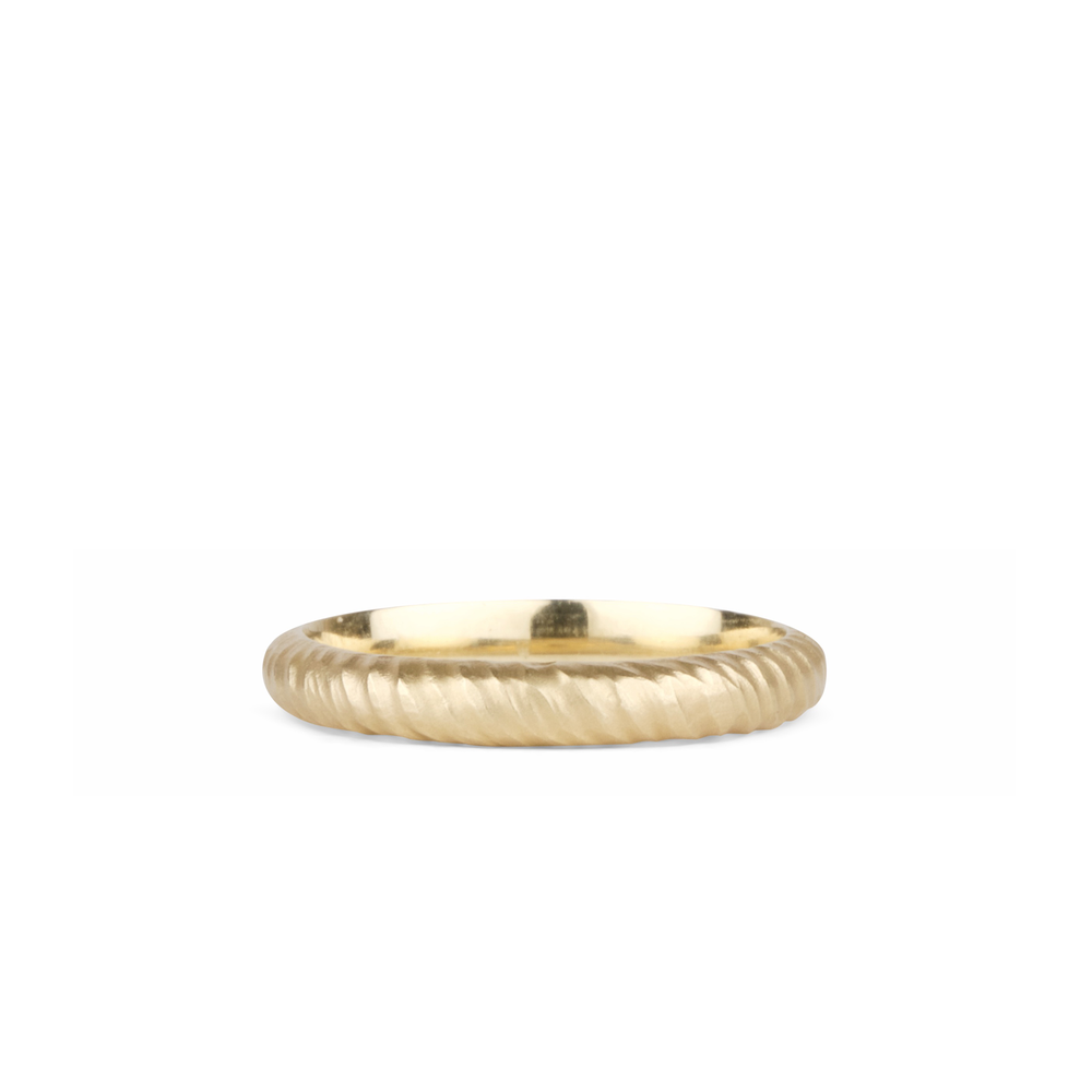 2.5mm wide 14k yellow gold carved and sandy textured surface Mackinac Band by Corey Egan