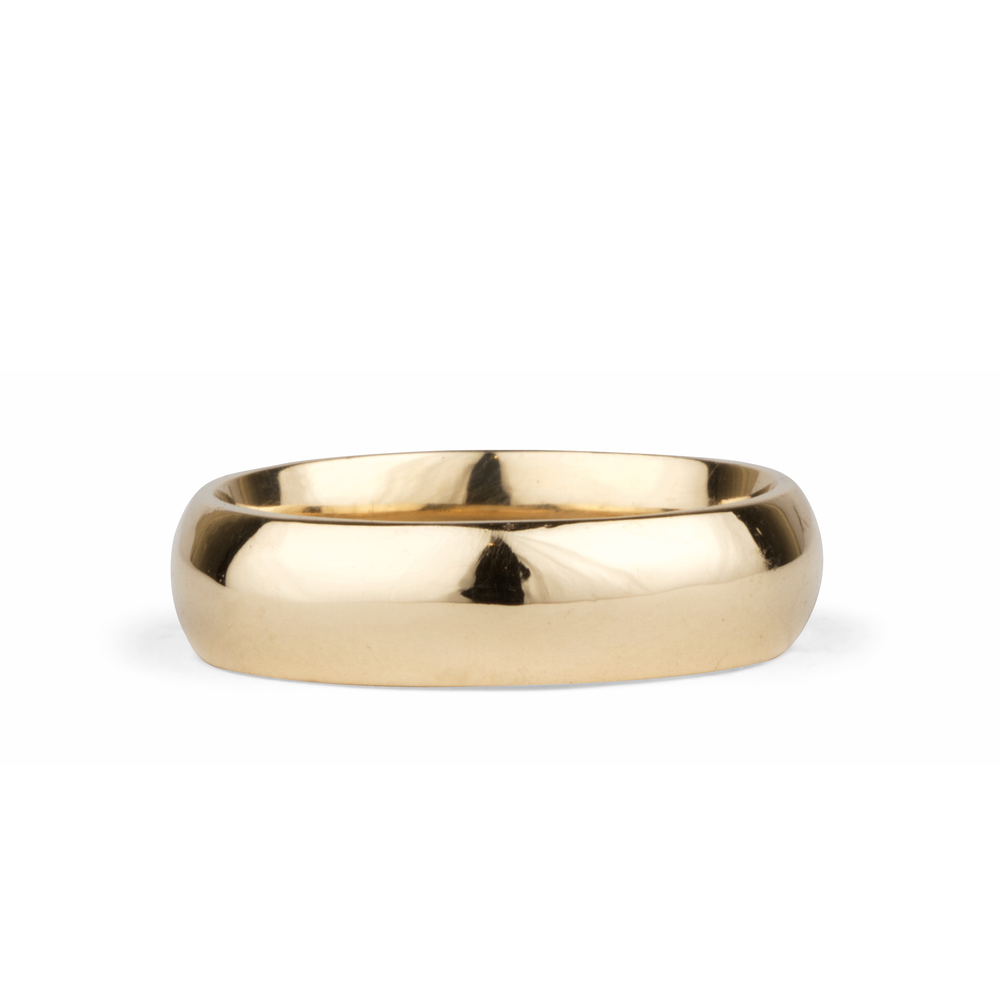 14k yellow gold half round Muir Band by Corey Egan on a white background
