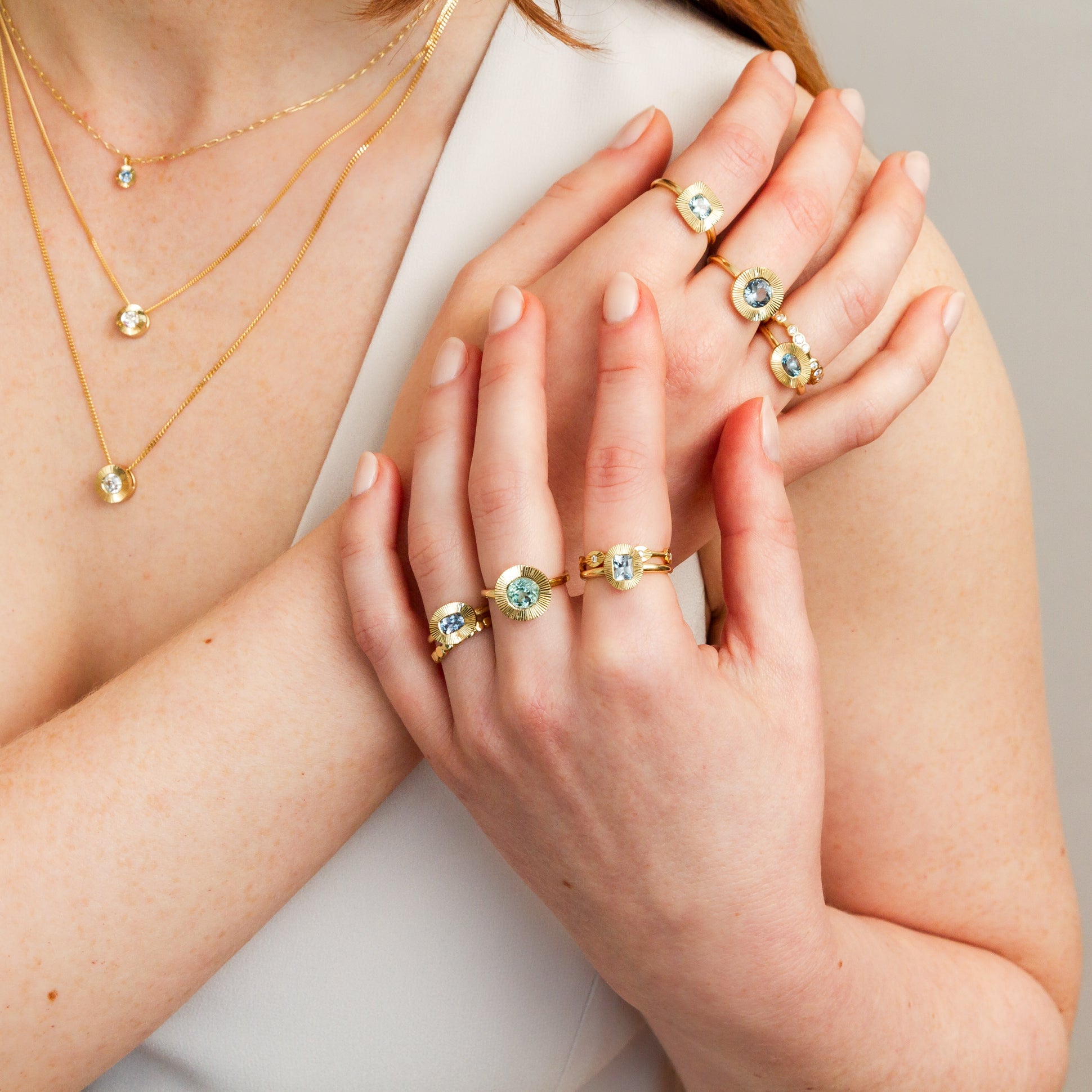 Old European Cut Diamond Medium Aurora Necklace In Yellow Gold on a model, styled shot 2