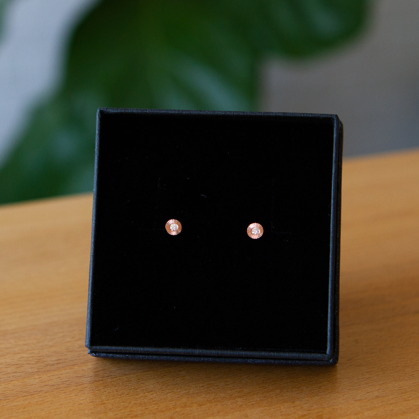Small Aurora Diamond Stud Earring in Rose Gold packaged in a black jewelry box