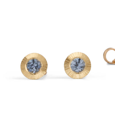 Large Aurora Blue Montana Sapphire Stud Earring in Yellow Gold on a white background