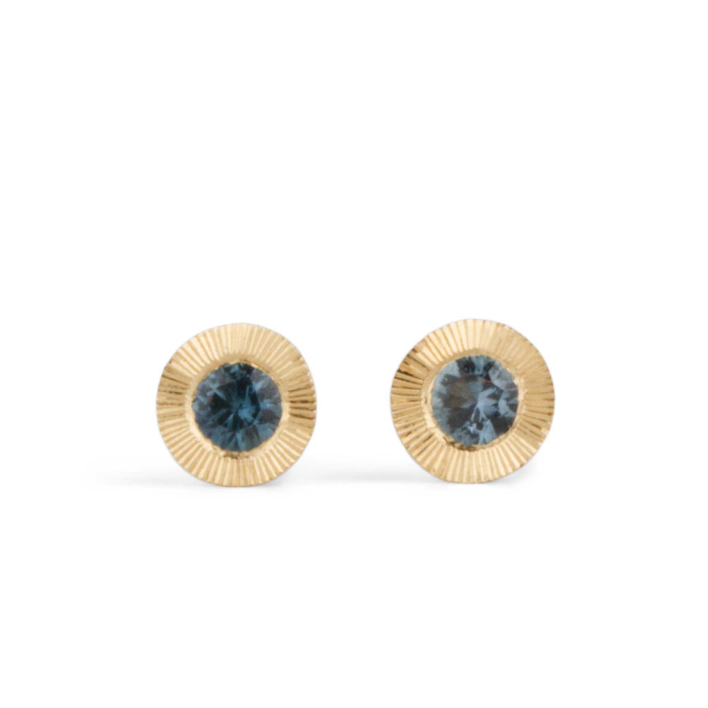 Large Aurora Teal Montana Sapphire Stud Earring in Yellow Gold on a white background