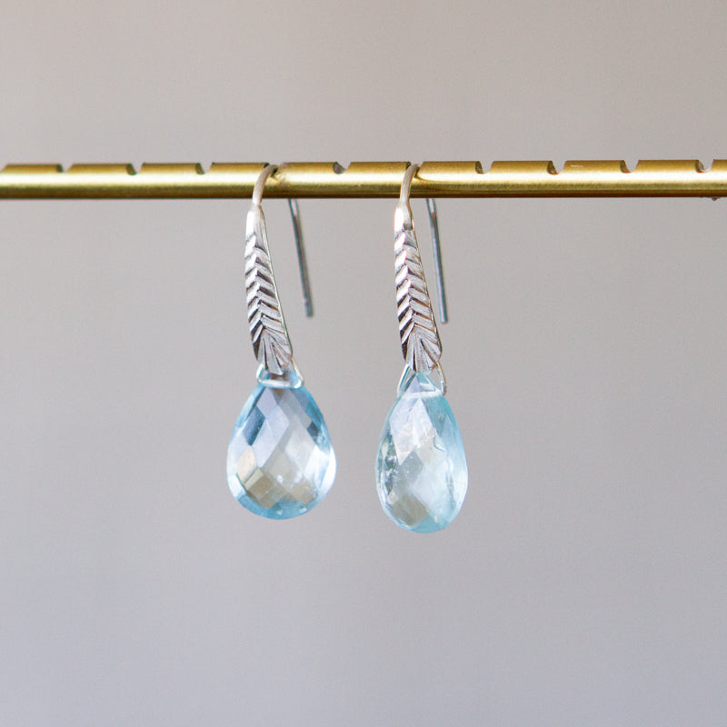 Aquamarine Herringbone Gemstone Drop Earrings in Sterling Silver side angle