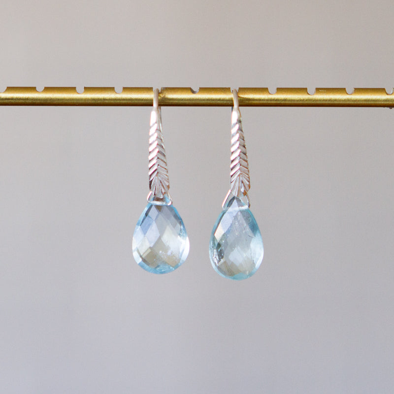 Aquamarine Herringbone Gemstone Drop Earrings in Sterling Silver front angle