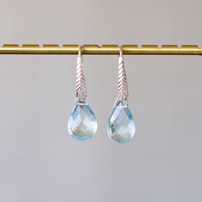 Aquamarine Herringbone Gemstone Drop Earrings in Sterling Silver front angle