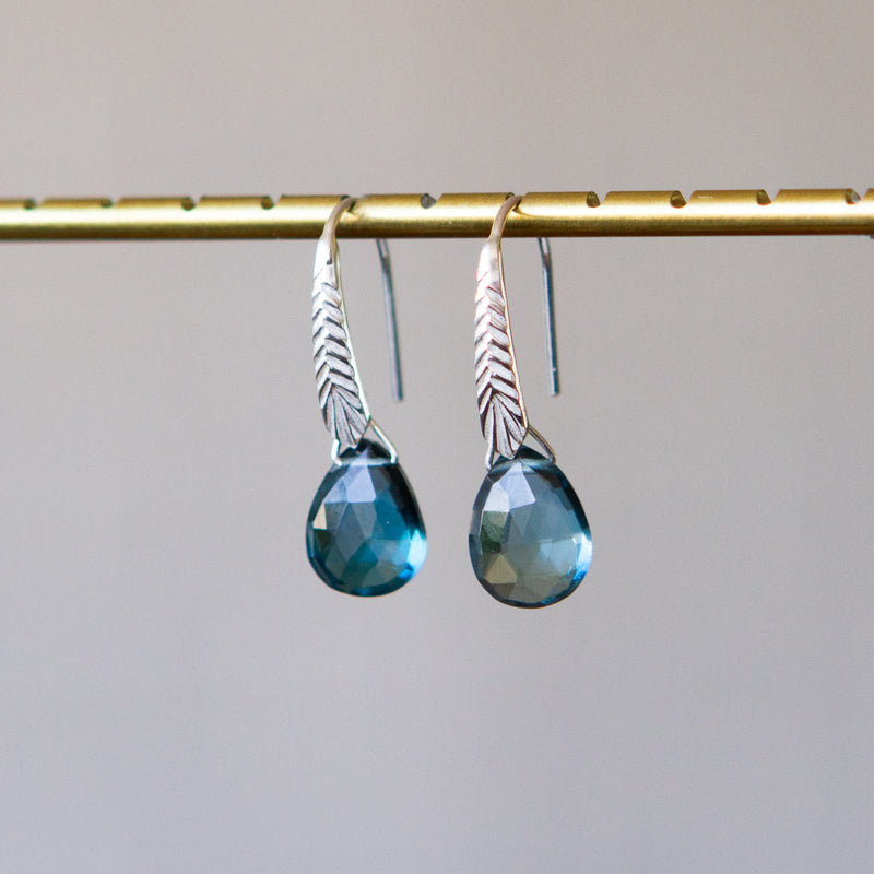 London Blue Topaz Herringbone Gemstone Drop Earrings in Sterling Silver side angle