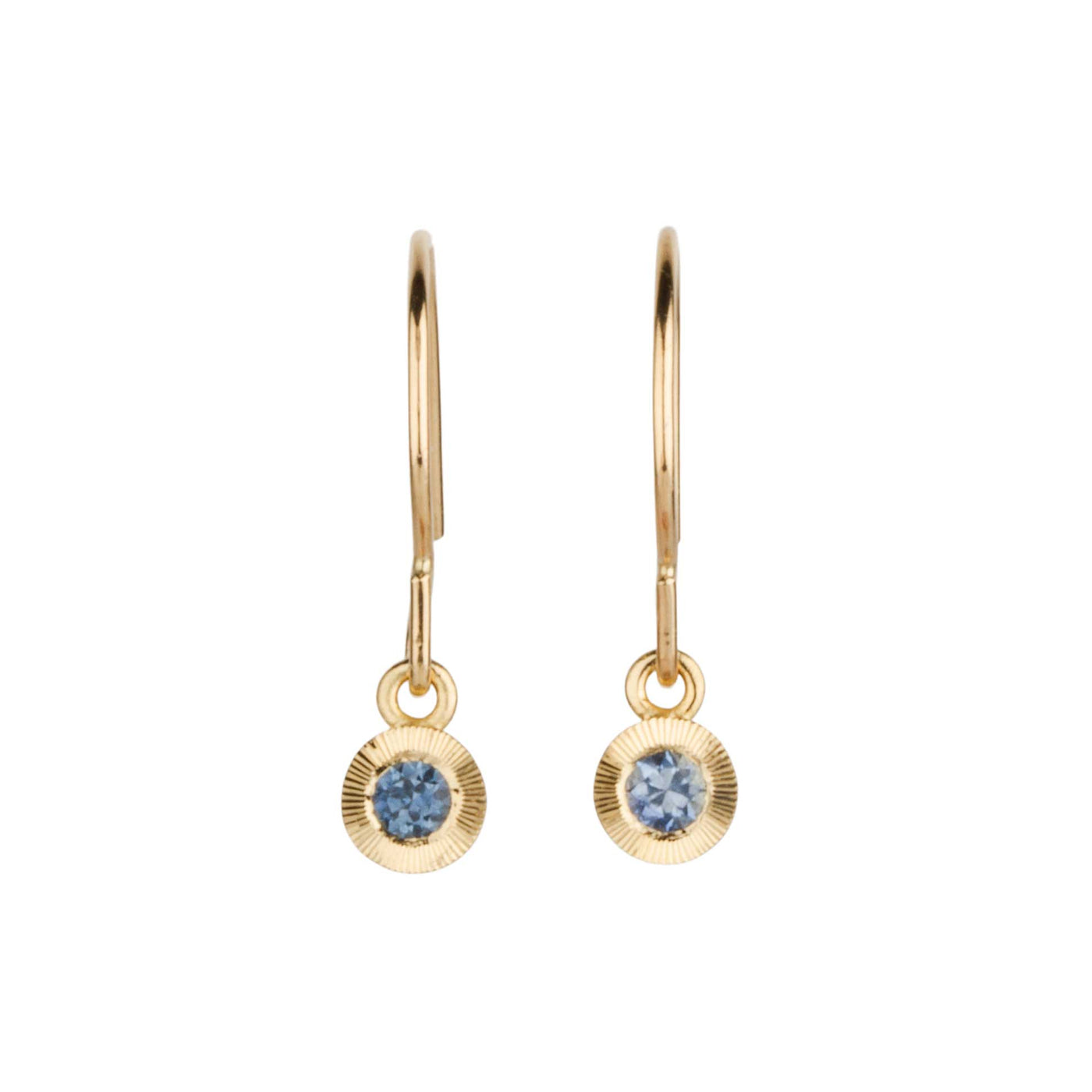 Blue Montana Sapphire Aurora Dangle Earrings in Yellow Gold on a white background, front angle