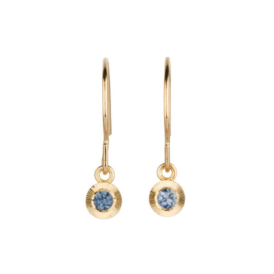 Blue Montana Sapphire Aurora Dangle Earrings in Yellow Gold on a white background, front angle