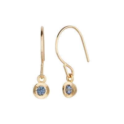 Blue Montana Sapphire Aurora Dangle Earrings in Yellow Gold on a white background, side angle