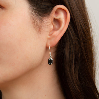 Eloise Black Garnet Earrings in Silver modeled on an ear