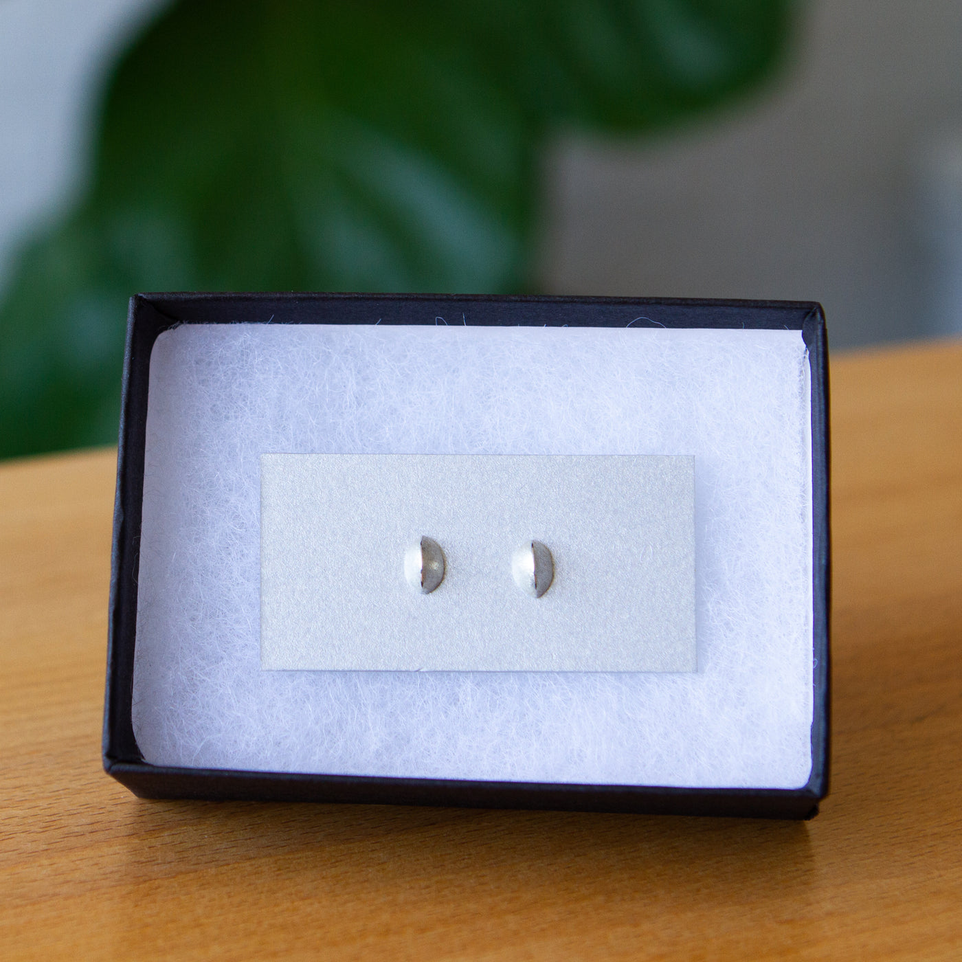 Silver Dewdrop Studs packaged in a jewelry box