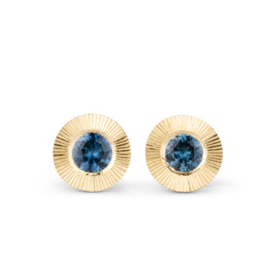 Blue Montana Sapphire Extra Large Aurora Stud Earrings in Yellow Gold on a white background, front angle