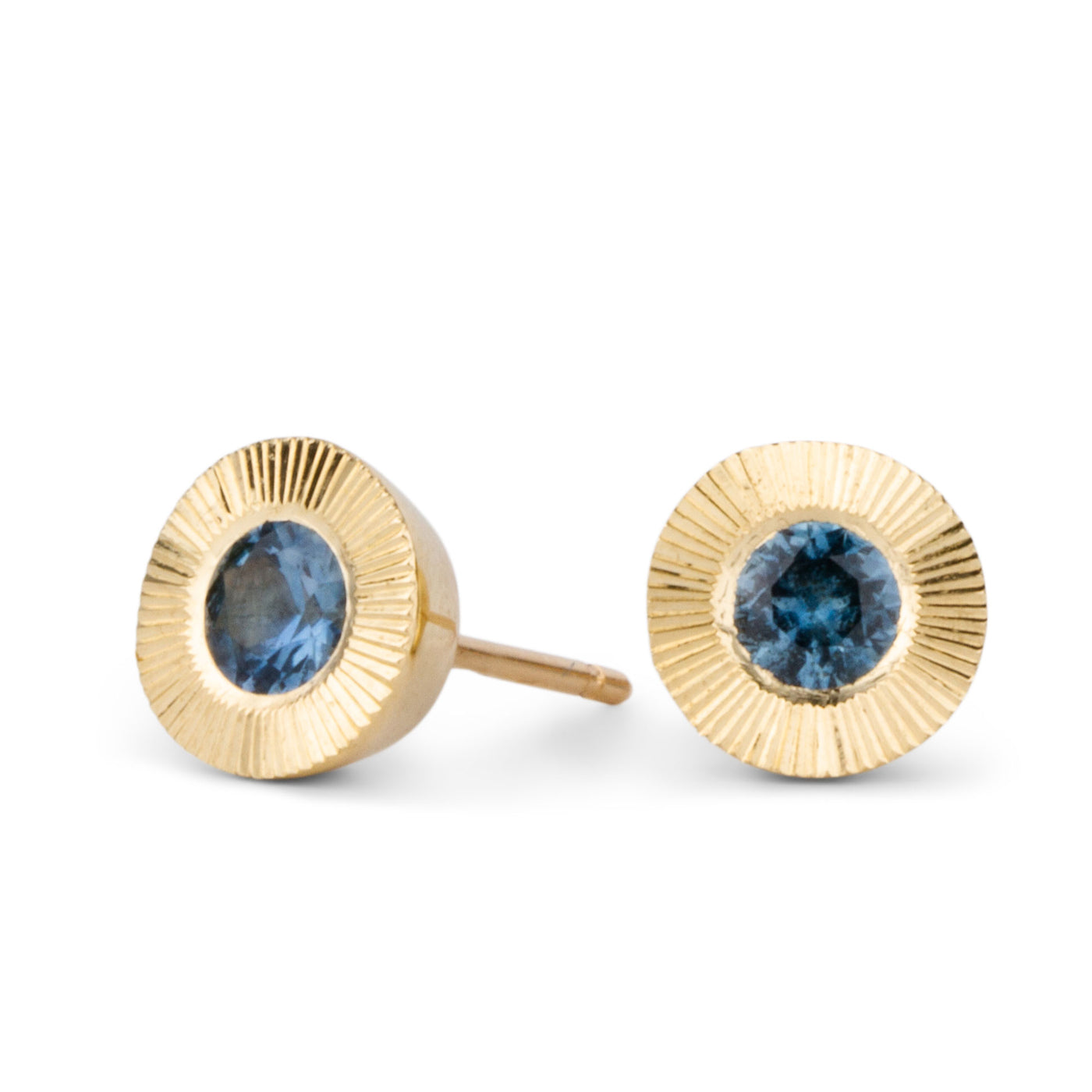 Blue Montana Sapphire Extra Large Aurora Stud Earrings in Yellow Gold on a white background, side angle
