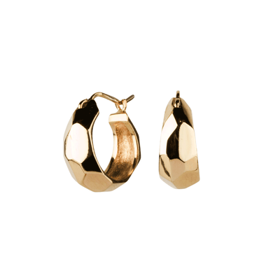 Gold Fragment Huggie Hoops on a white background, side angle
