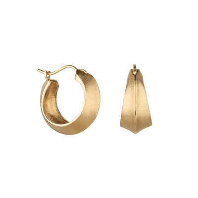 Gold Morph Huggie Hoops on a white background, side angle