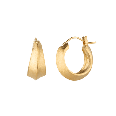 Vermeil Morph Huggie Hoops on a white background, side angle