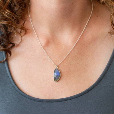 Labradorite Silver Theia Necklace #16 modeled on a neck