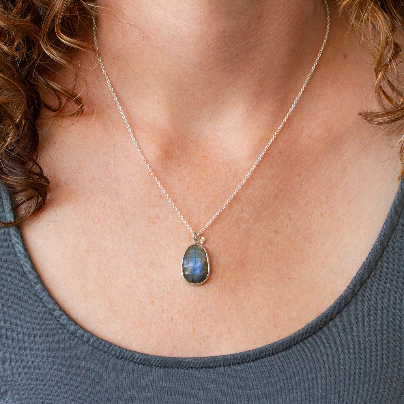 Labradorite Silver Theia Necklace #17 modeled on a neck