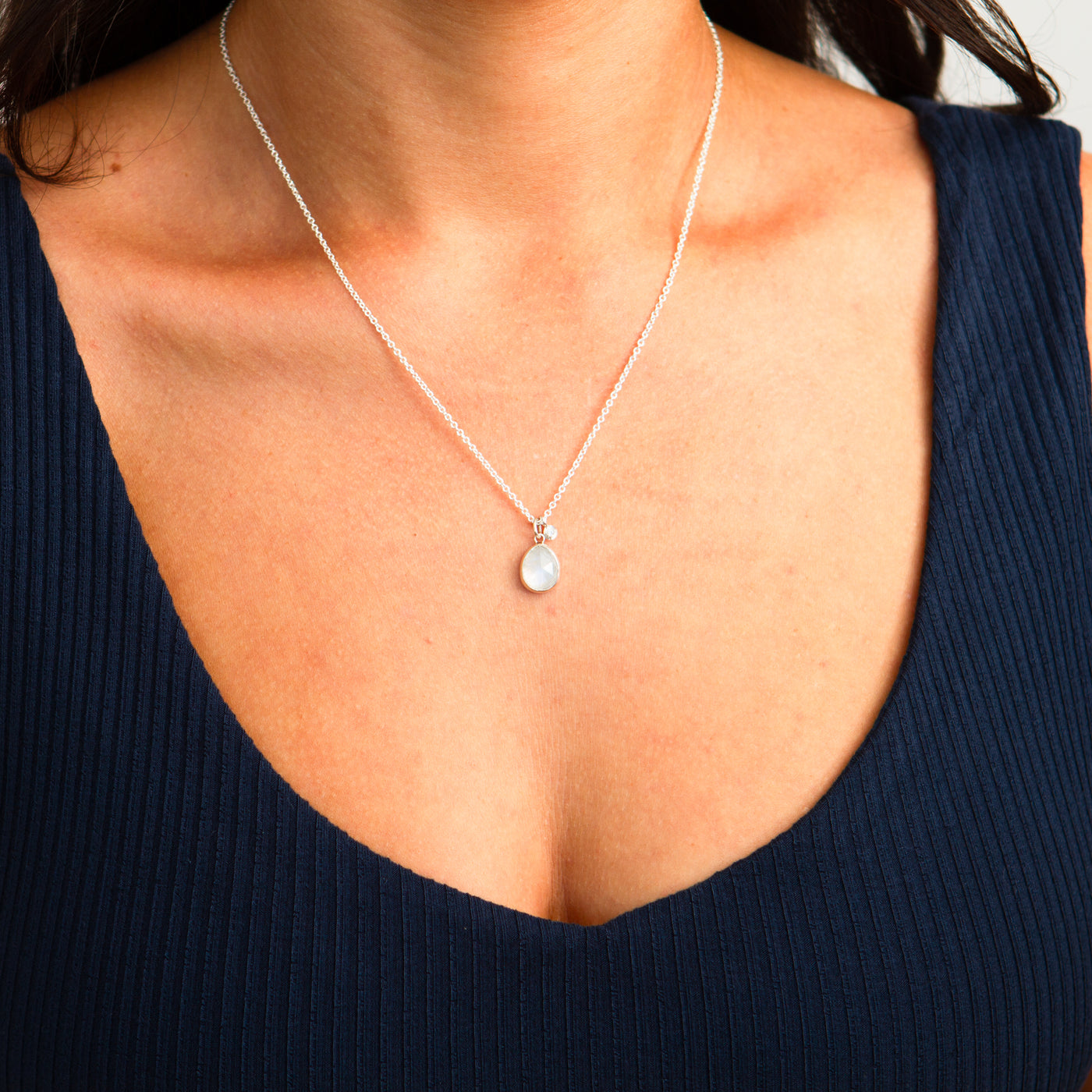 Rose Cut Moonstone Silver Theia Necklace #9 on a model