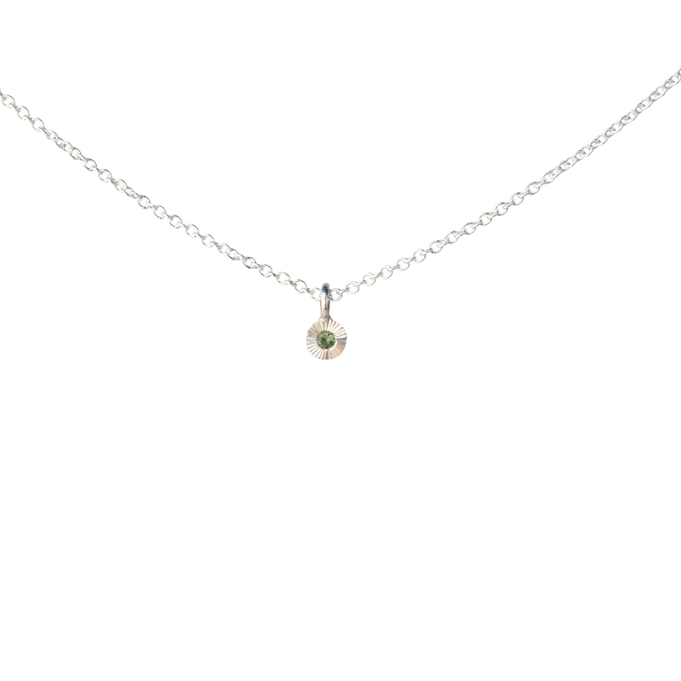 Green Sapphire Rise Necklace in Sterling Silver on a white background, front angle