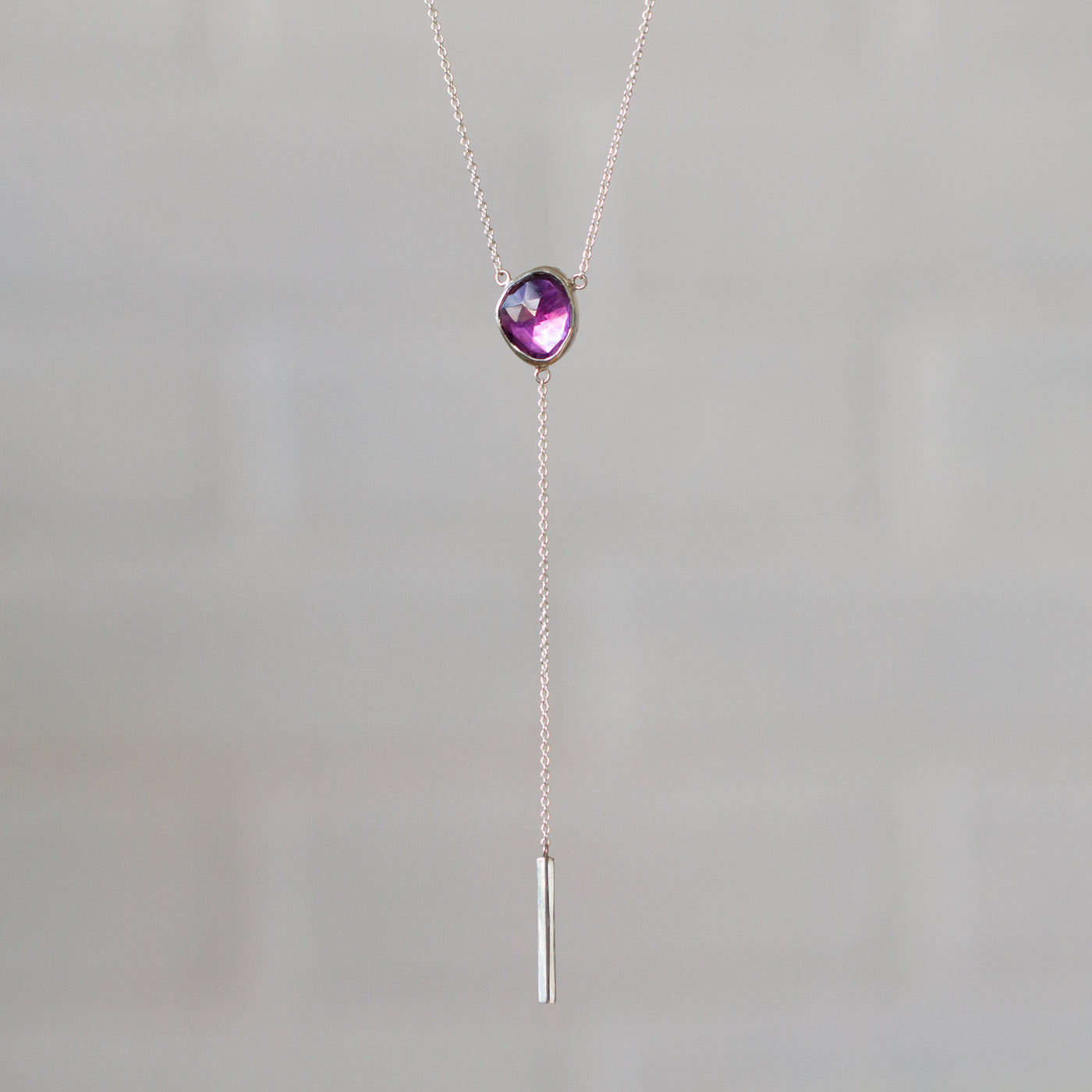 Rose Cut Amethyst Selene Silver Lariat front angle