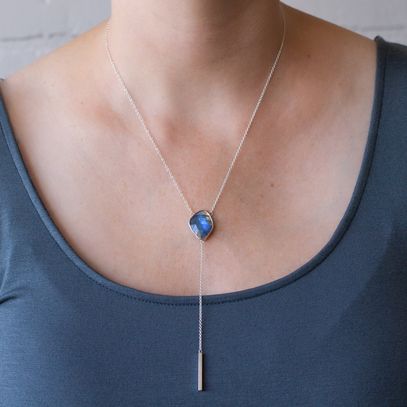 Rose Cut Labradorite Selene Lariat Necklace in Sterling Silver #2 on a model 