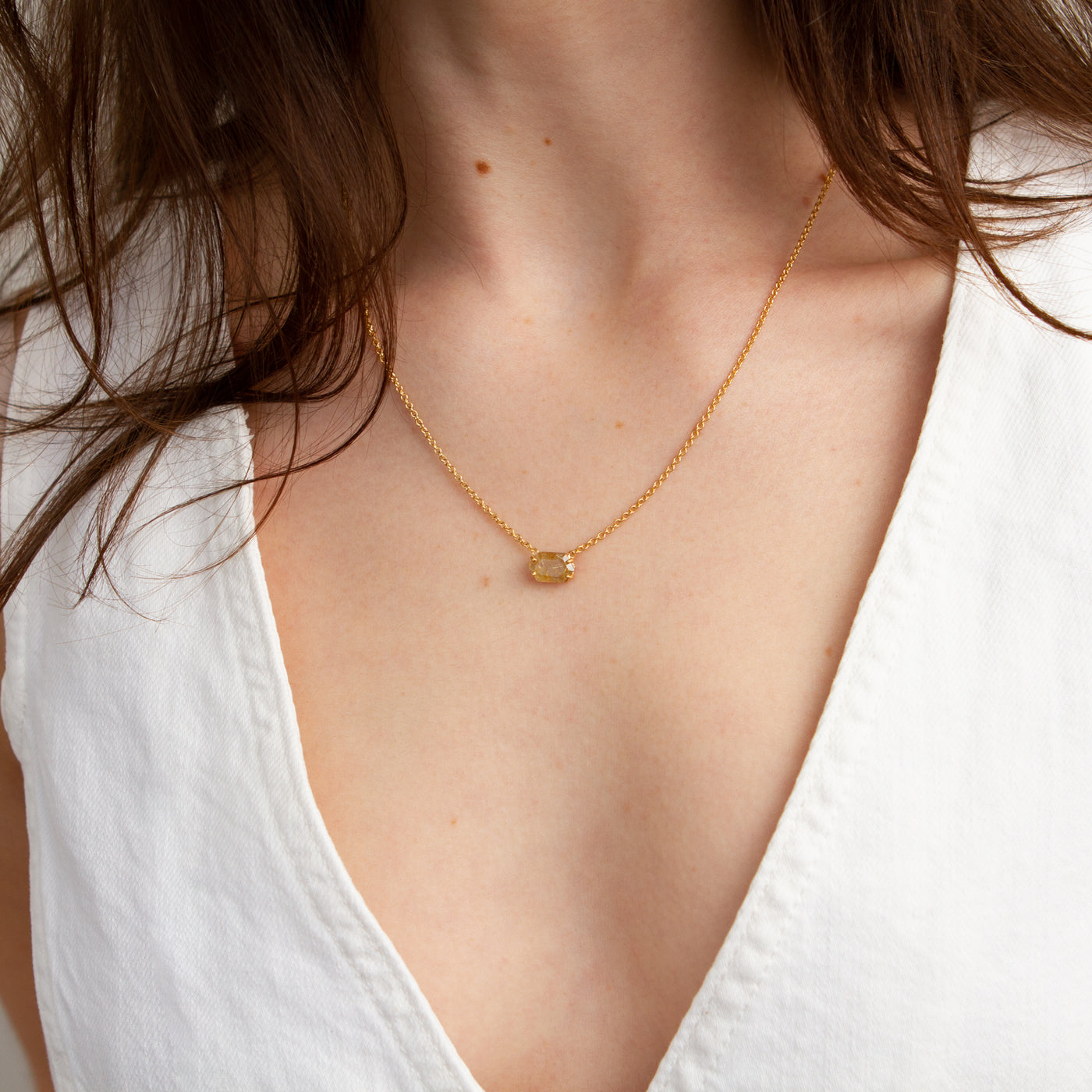 Emerson Rutilated Quartz Necklace in Vermeil modeled on a neck