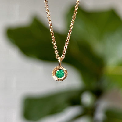 Emerald Small Aurora Pendant Necklace in Yellow Gold hanging in front of a white wall with a plant, front angle